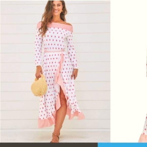 Cabana Life Dresses & Skirts - Cabana Life -Orange/White /Off the Shoulder- Long Sleeve/Ruffle Slit Maxi Dress